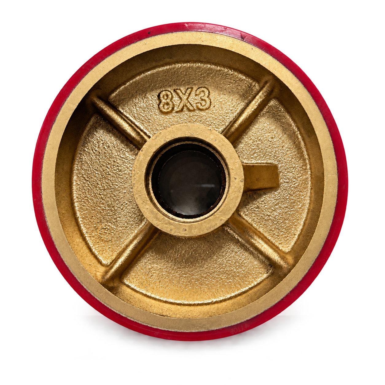 Actual red polyurethane wheel with a gold-painted metal core, five reinforcing ribs and an 8×3 casting mark