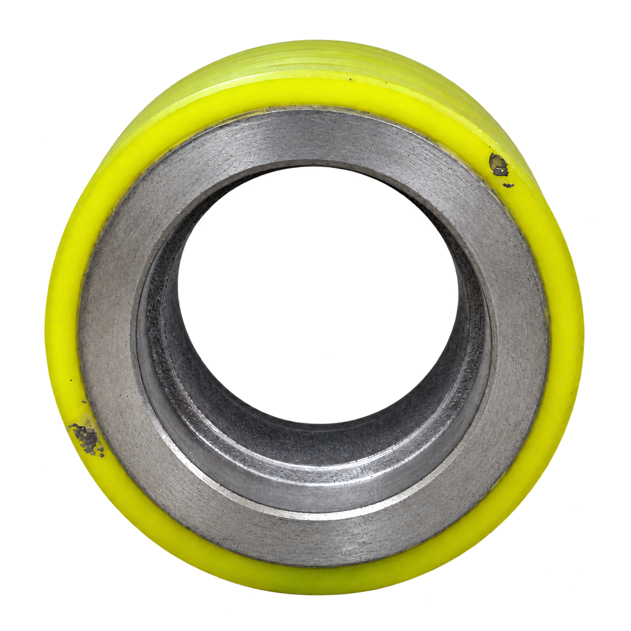 Yellow-green polyurethane roller example, face view