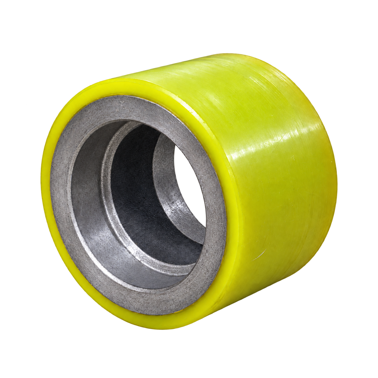 Yellow-green polyurethane roller example, angled view