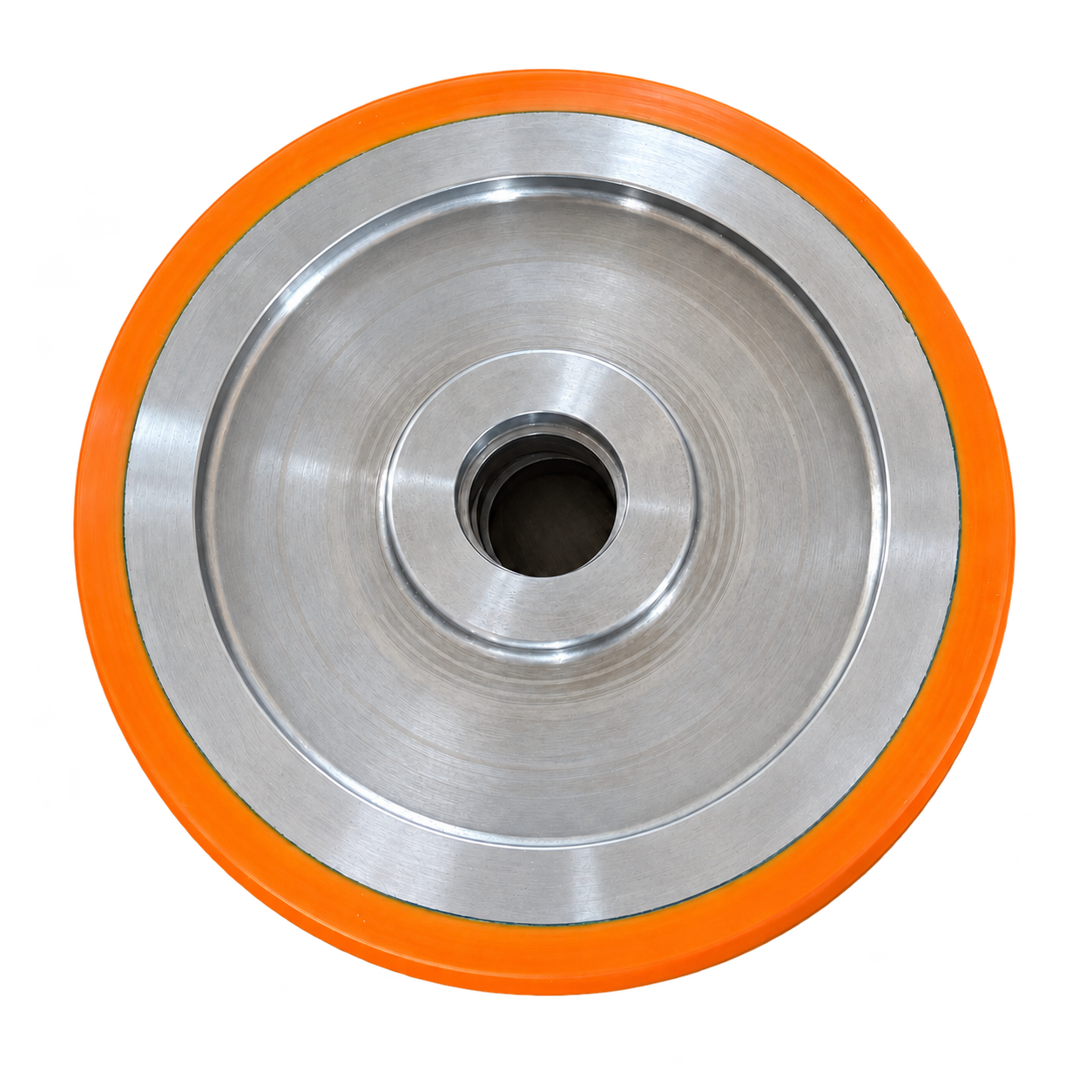 Orange polyurethane tread with stepped machined metal wheel hub