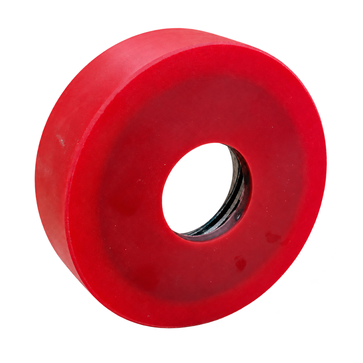 Red plain-face polyurethane wheel with central metal-lined bore